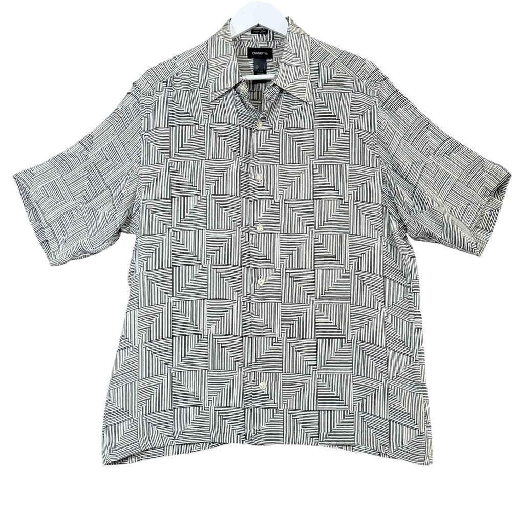 Claiborne Mens Silk Shirt L Geometric Black White Short Sleeve Button Down